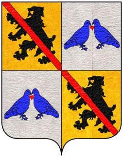 Ecartel� aux 1 et 4: d'or au lion morn� de sable � la cotice de gueules brochant; aux 2 et 3: d'argent � deux pigeons affront�s d'azur becquetant un coeur de gueules
